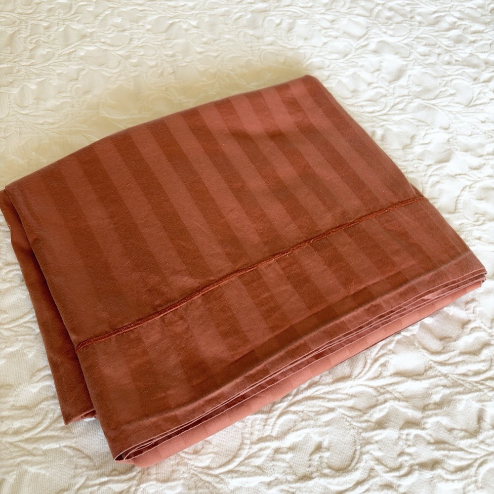 The Company Store King Flat Sheet Supima Cotton Terra-Cotta Rust Stripe Sateen